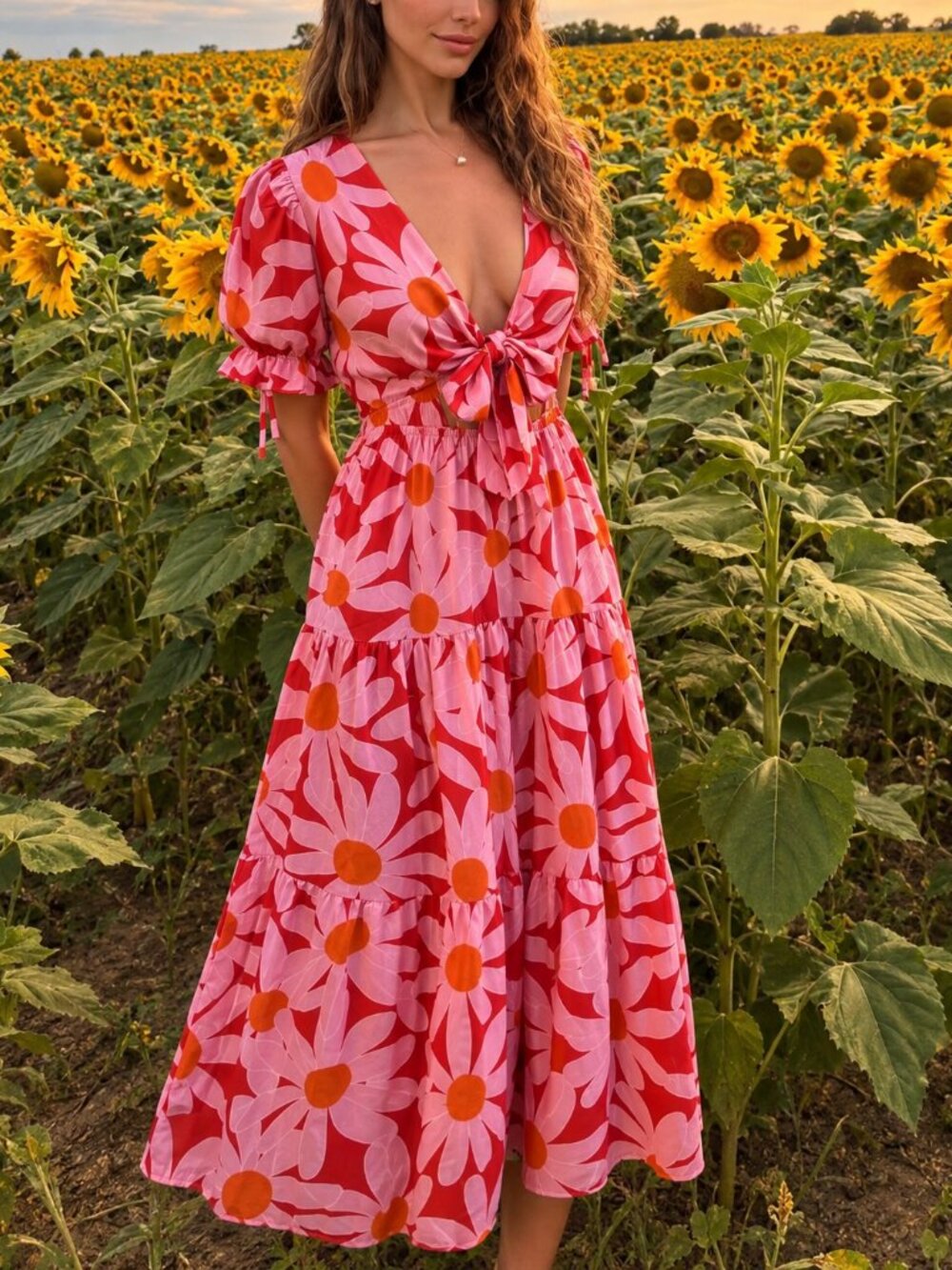 BTFBM Womens Tie Front Floral Maxi Dress, Large